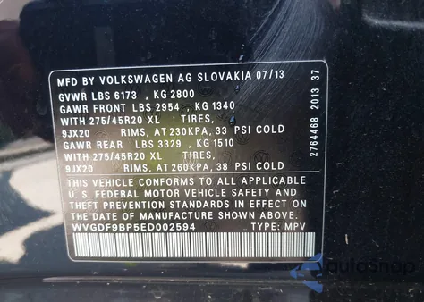 2014 Volkswagen Touareg 3.6L Executive/3.6L Lux/3.6L R-Line/3.6L Sport from USA, damaged, VIN WVGDF9BP5ED002594